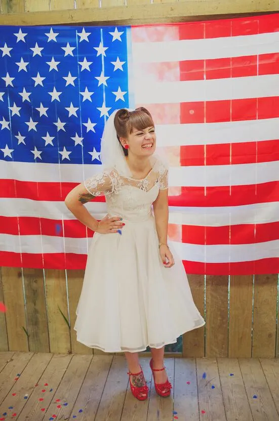 Short Sleeve Vintage Tea Length Wedding Dress,20111655