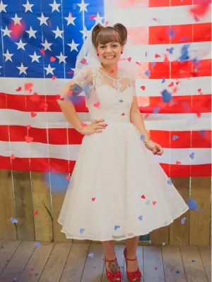 Short Sleeve Vintage Tea Length Wedding Dress,20111655