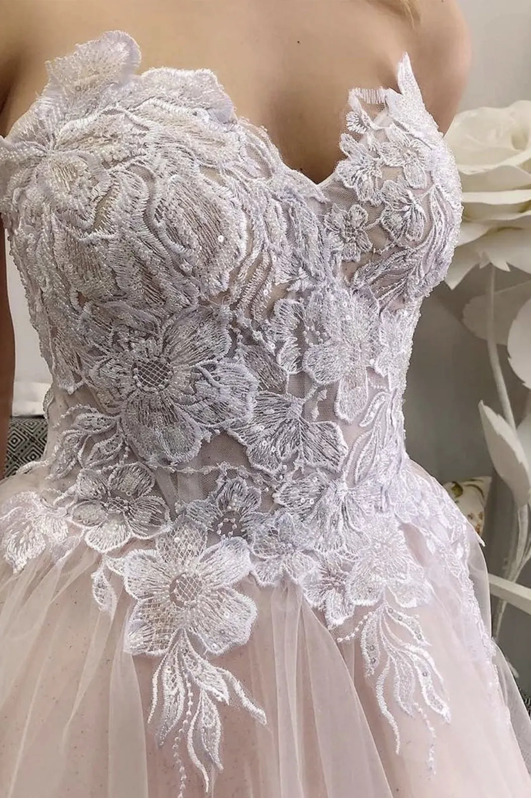 Strapless V Neck Pink Lace Floral Long Prom, Pink Lace Formal, Pink Evening