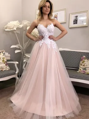 Strapless V Neck Pink Lace Floral Long Prom, Pink Lace Formal, Pink Evening