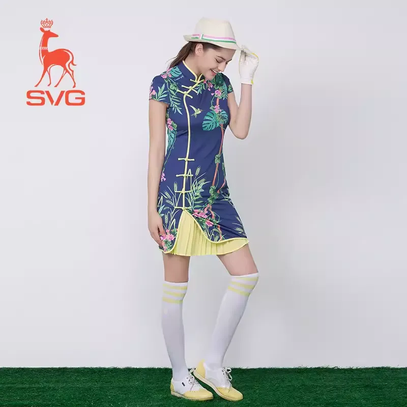 SVG Golf Women's Navy Blue Printed Cheongsam Dress