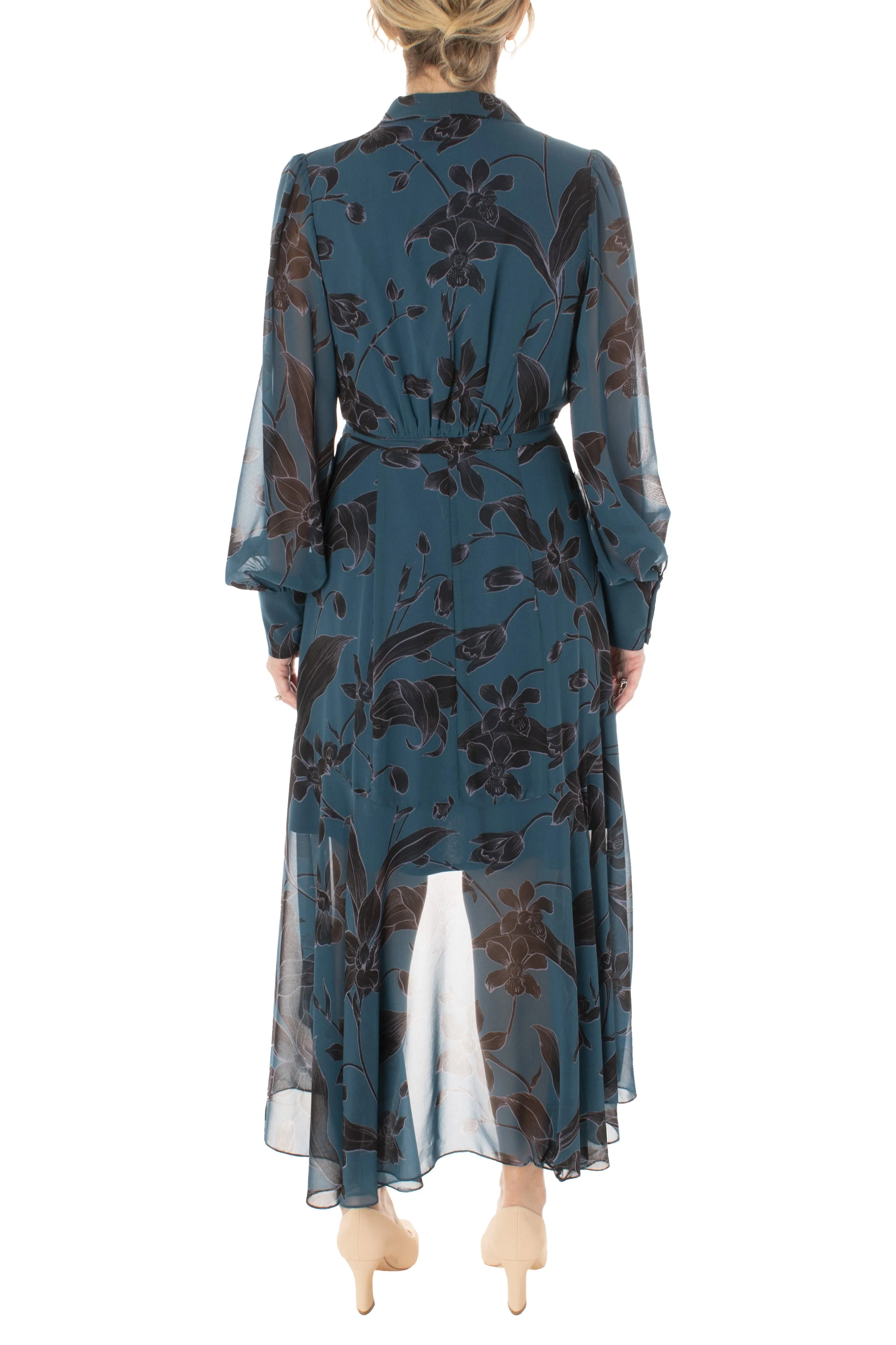 Taylor V-neck long sleeve tie waist floral burnout chiffon dress