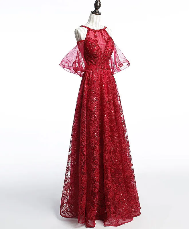 Unique Off Shoulder Tulle Lace Burgundy Long Prom Dress, Evening Dress