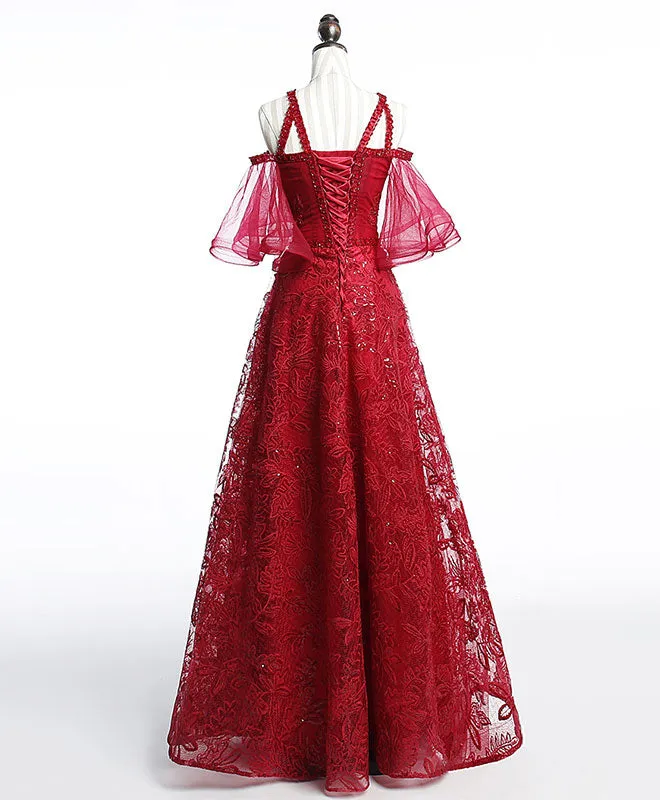 Unique Off Shoulder Tulle Lace Burgundy Long Prom Dress, Evening Dress