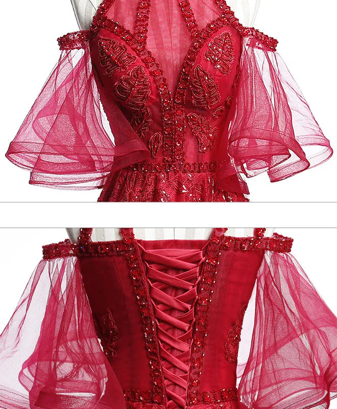Unique Off Shoulder Tulle Lace Burgundy Long Prom Dress, Evening Dress