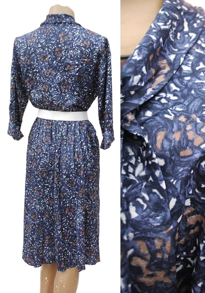 Vintage 1950s Blue Rayon Shirt-waister • Pussy Bow • Tea Dress