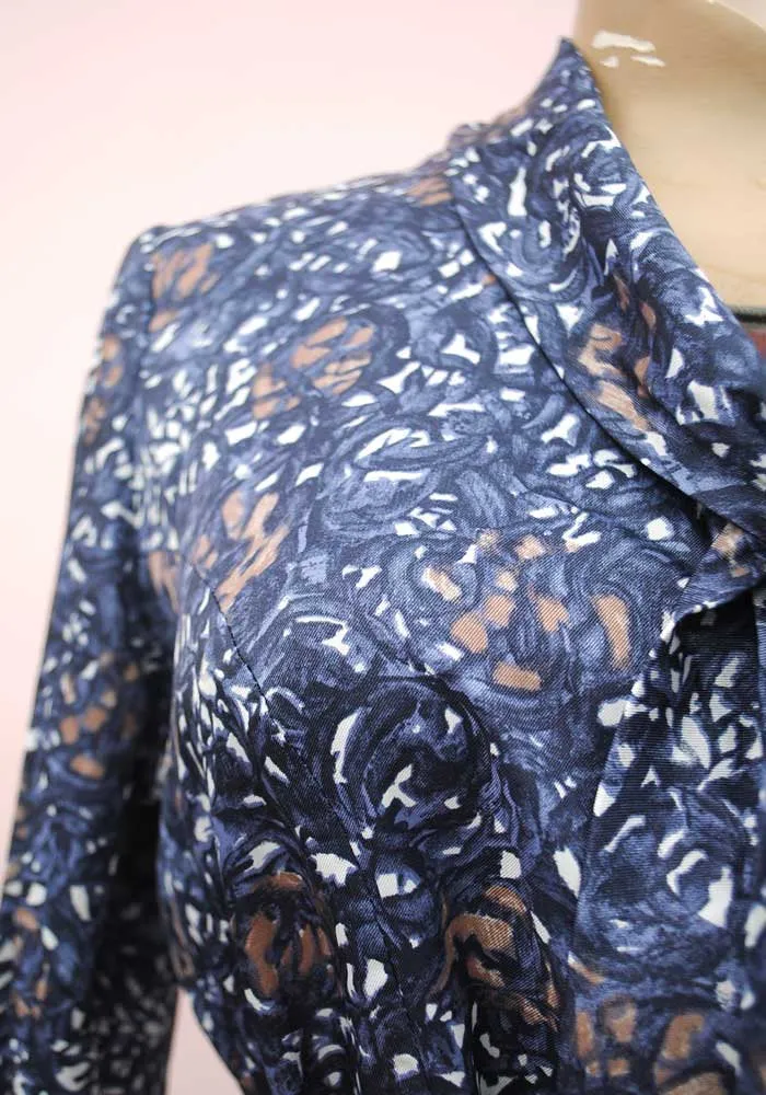 Vintage 1950s Blue Rayon Shirt-waister • Pussy Bow • Tea Dress