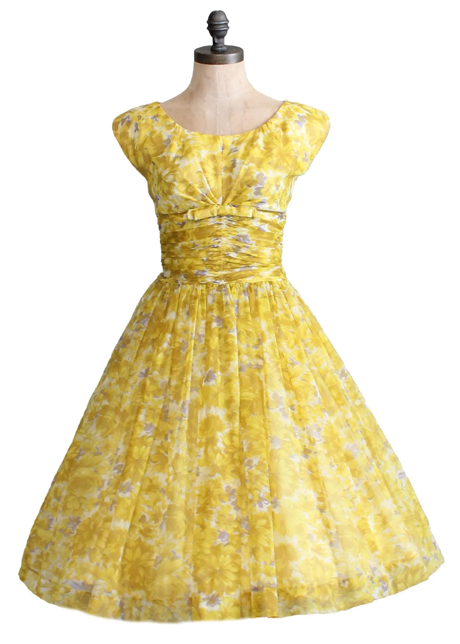 Vintage 1950s Yellow Floral Chiffon Party Dress