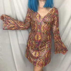 Vintage 60s 70s | MOD GoGo Psychedelic Groovy Bell Sleeve Disco Mini dress | M/L