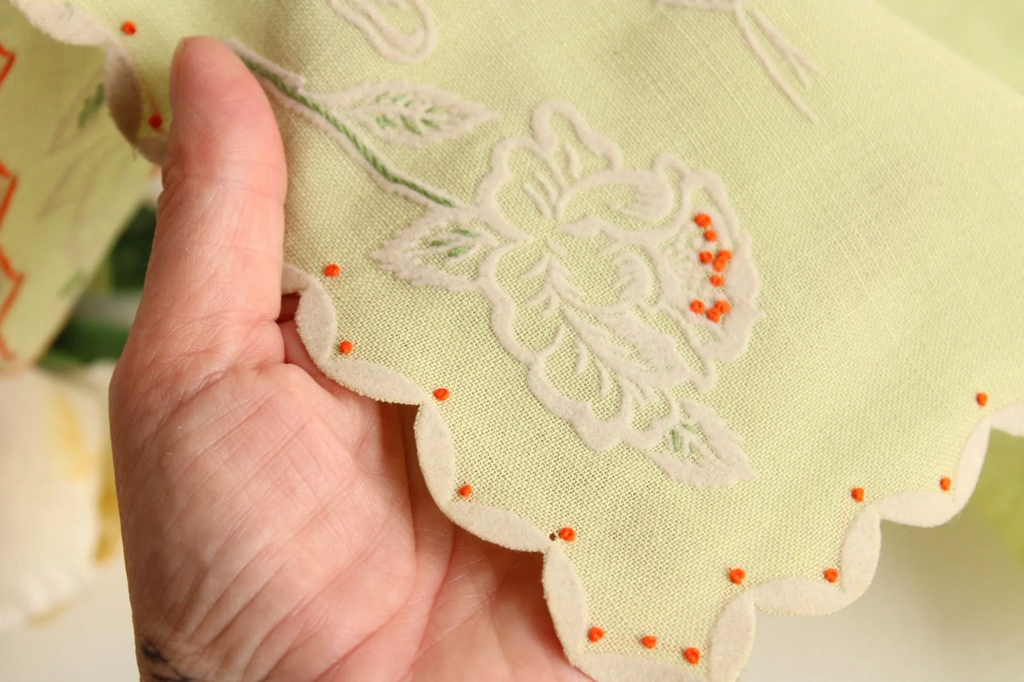 Vintage Green Linen Tea Towel with Floral Rose Embroidery