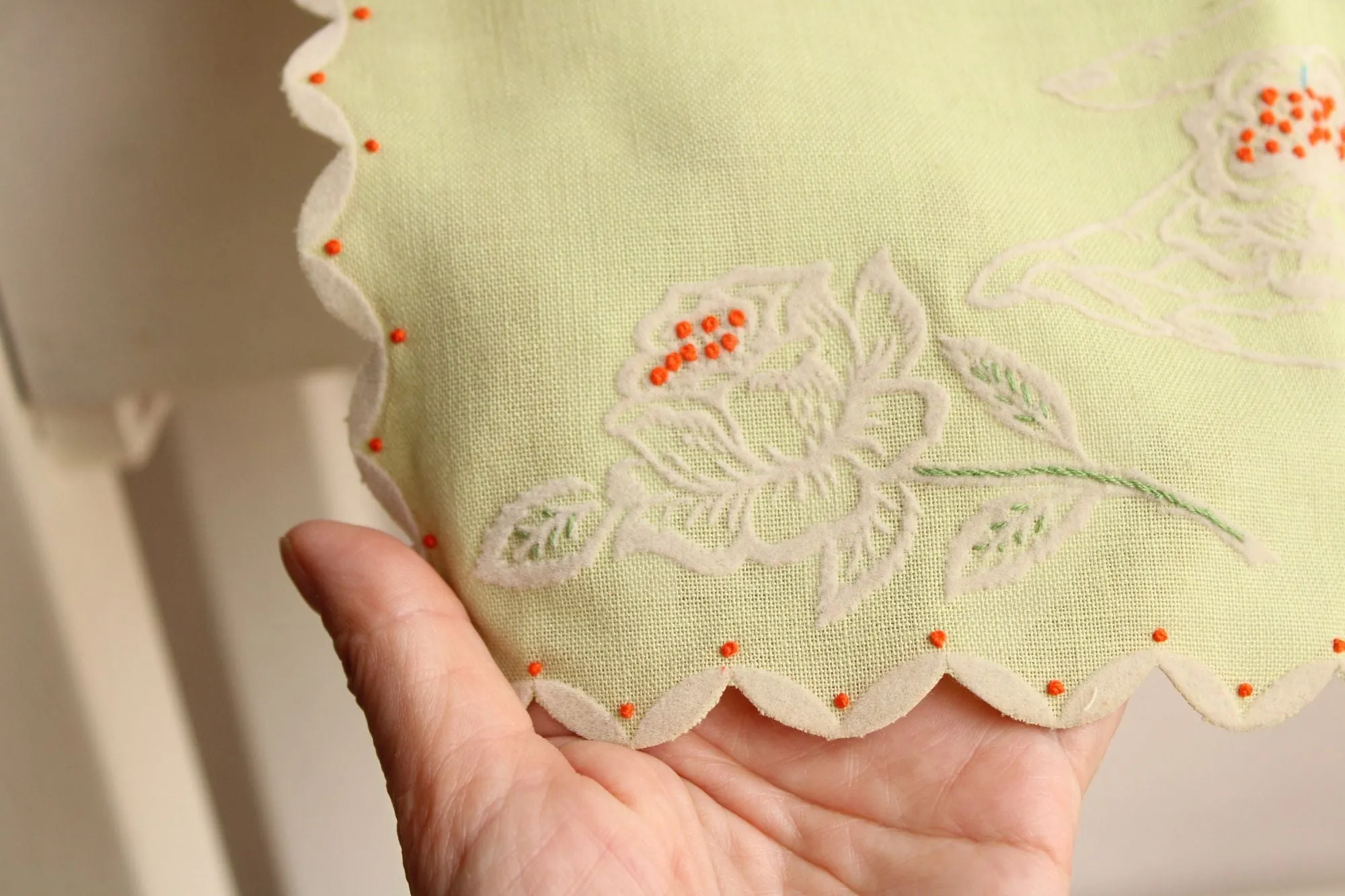 Vintage Green Linen Tea Towel with Floral Rose Embroidery