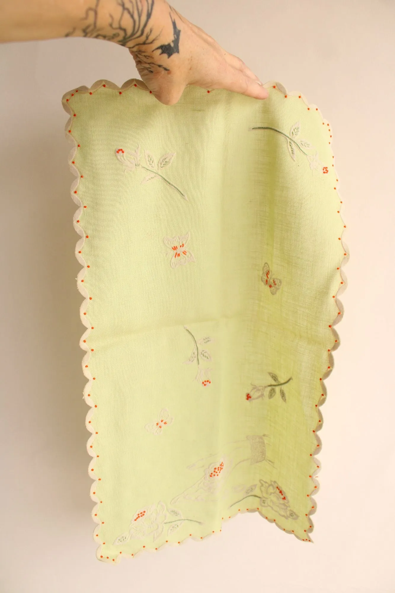 Vintage Green Linen Tea Towel with Floral Rose Embroidery
