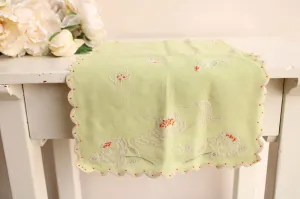 Vintage Green Linen Tea Towel with Floral Rose Embroidery