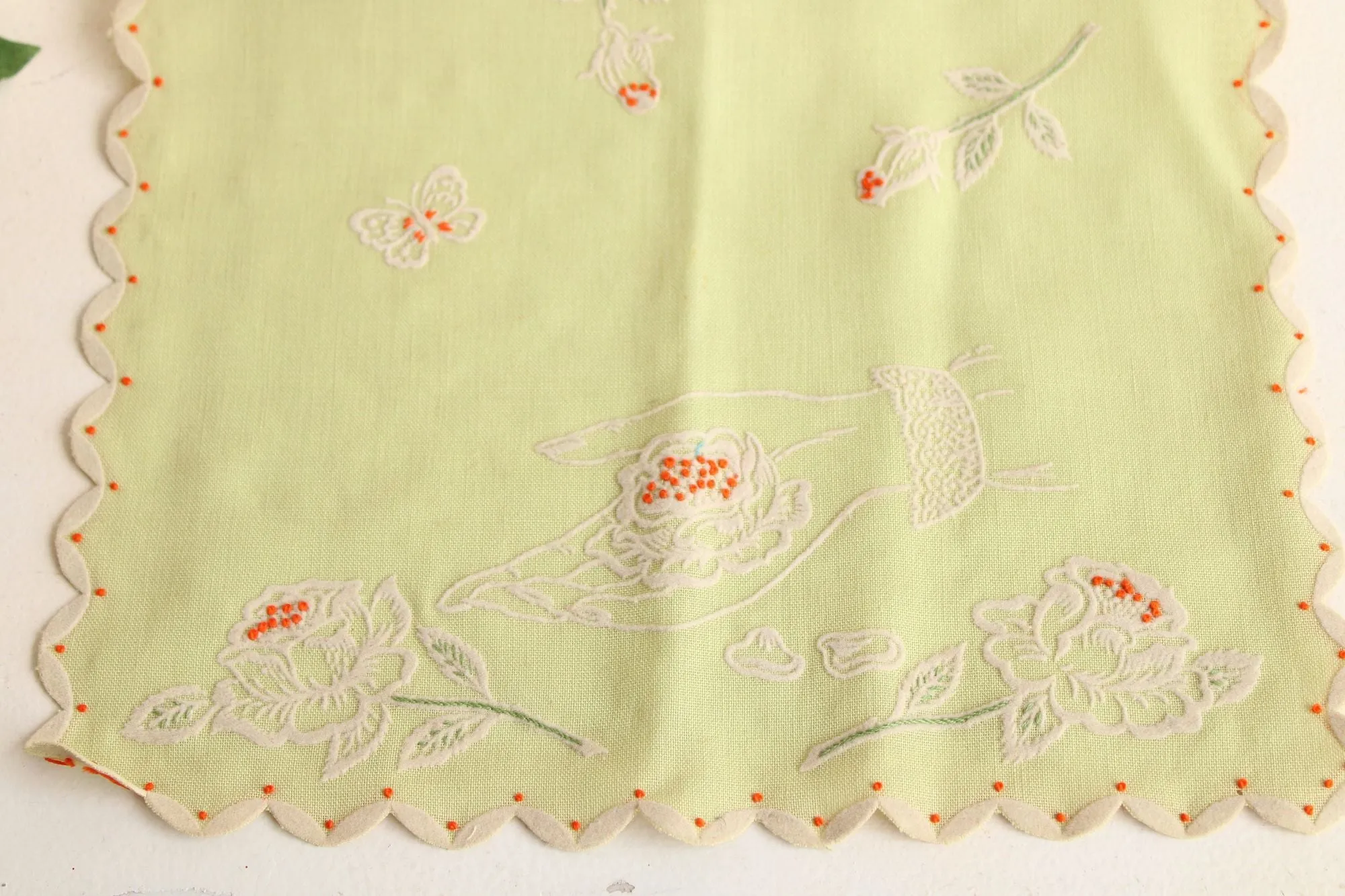 Vintage Green Linen Tea Towel with Floral Rose Embroidery