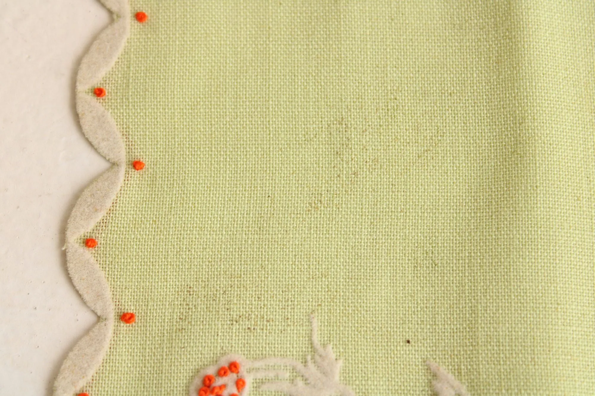 Vintage Green Linen Tea Towel with Floral Rose Embroidery