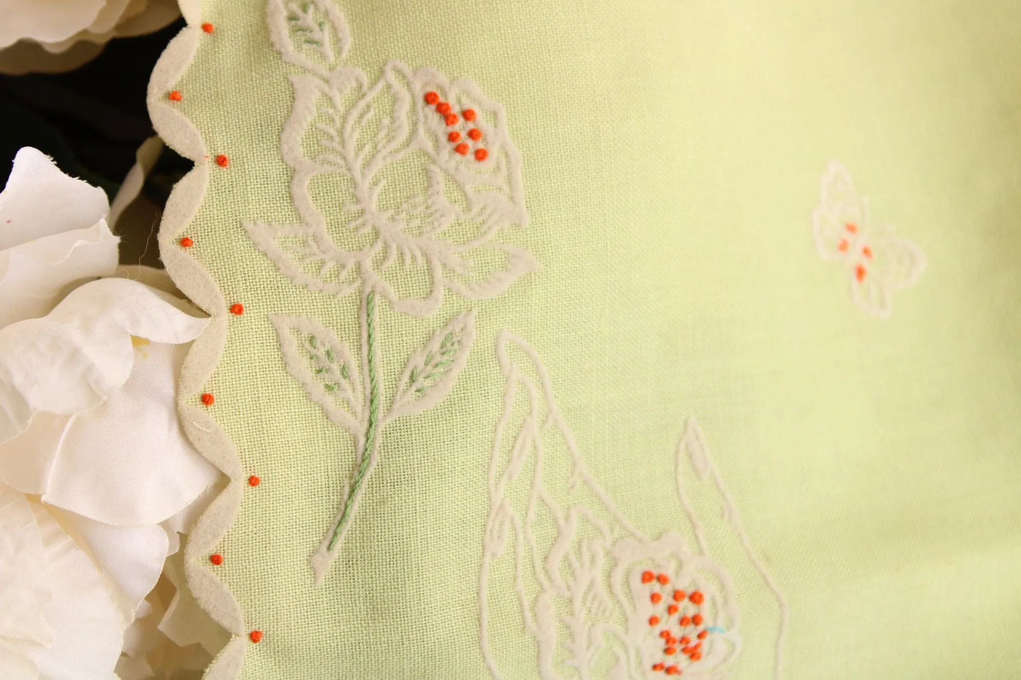 Vintage Green Linen Tea Towel with Floral Rose Embroidery