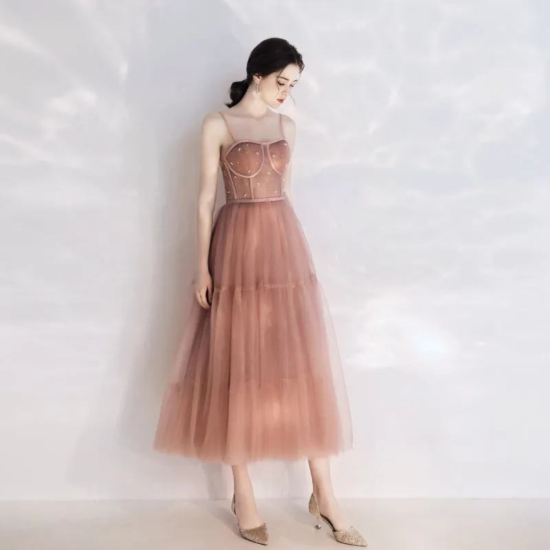 Vintage Peach Pink Tea Length Prom Dress