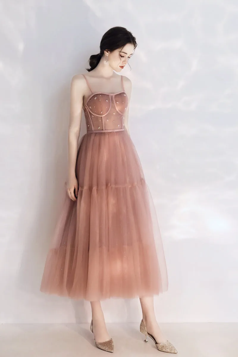 Vintage Peach Pink Tea Length Prom Dress