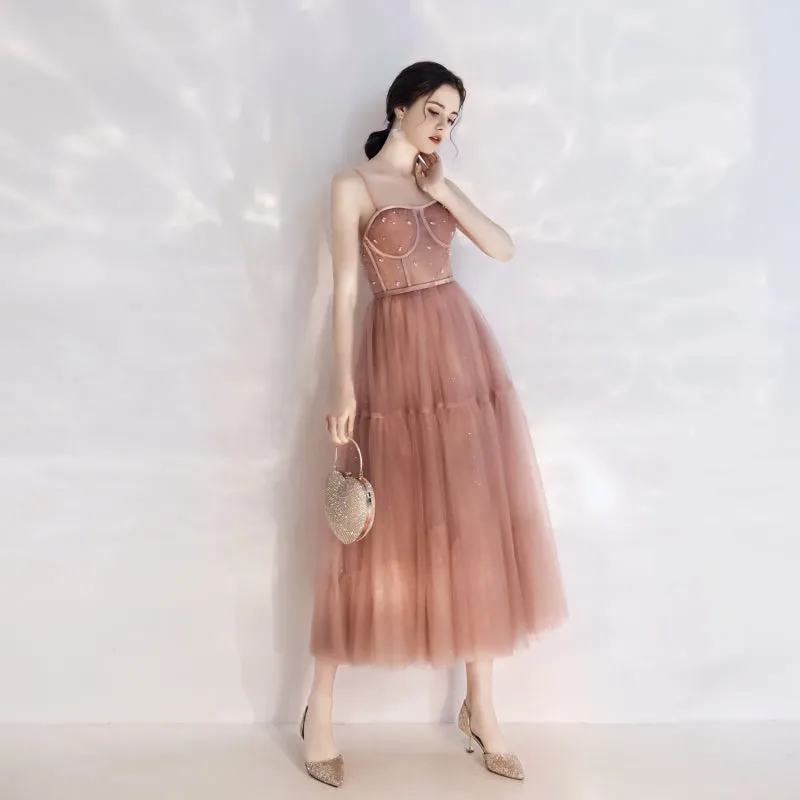 Vintage Peach Pink Tea Length Prom Dress