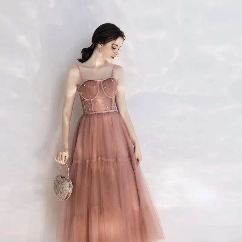 Vintage Peach Pink Tea Length Prom Dress