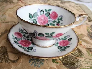 VINTAGE Royal Standard English Bone China Sumptuous Wide Teacup and Saucer Lush PINK Roses Pattern Lavish Gold Trim Pedestal Cup and Saucer