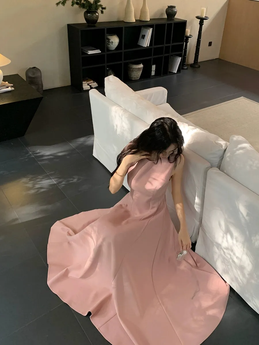 White dress for women summer round neck sleeveless A-line long party dress    S5917