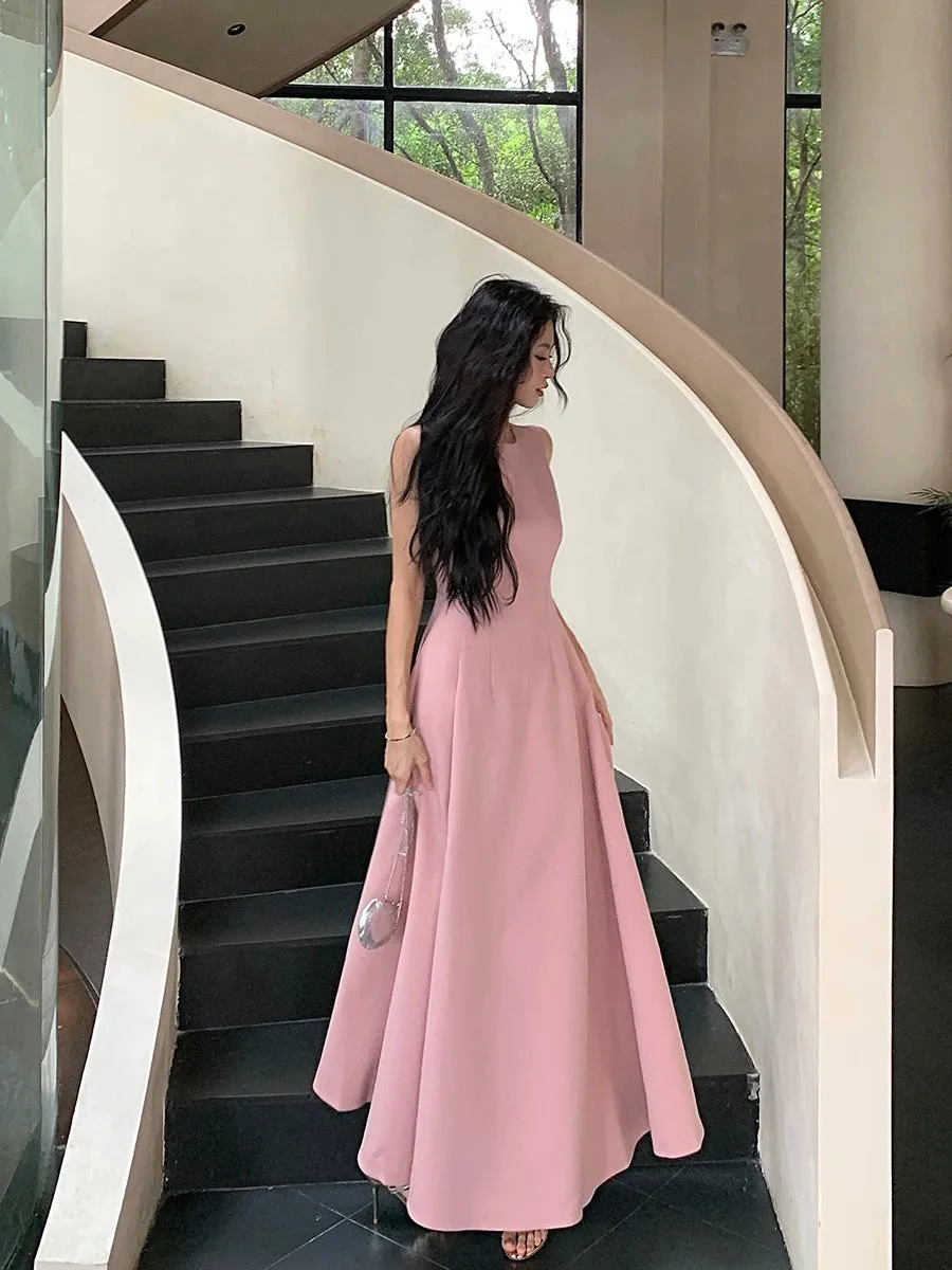 White dress for women summer round neck sleeveless A-line long party dress    S5917