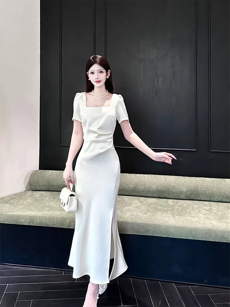 White short-sleeved dress elegant engagement dress satin long dress    S5953