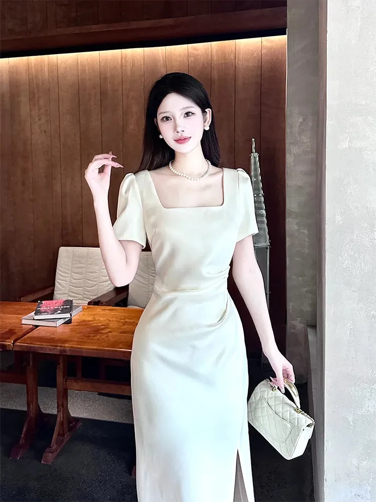 White short-sleeved dress elegant engagement dress satin long dress    S5953