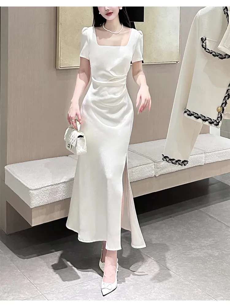 White short-sleeved dress elegant engagement dress satin long dress    S5953
