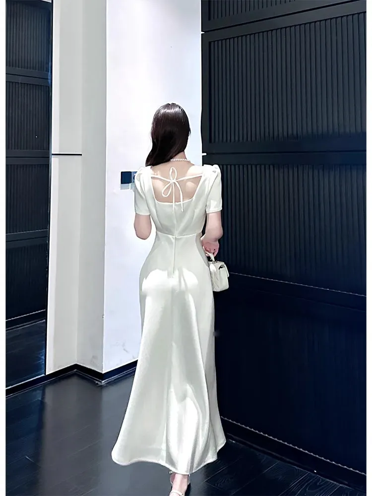White short-sleeved dress elegant engagement dress satin long dress    S5953