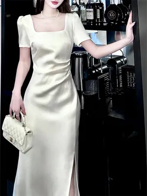 White short-sleeved dress elegant engagement dress satin long dress    S5953