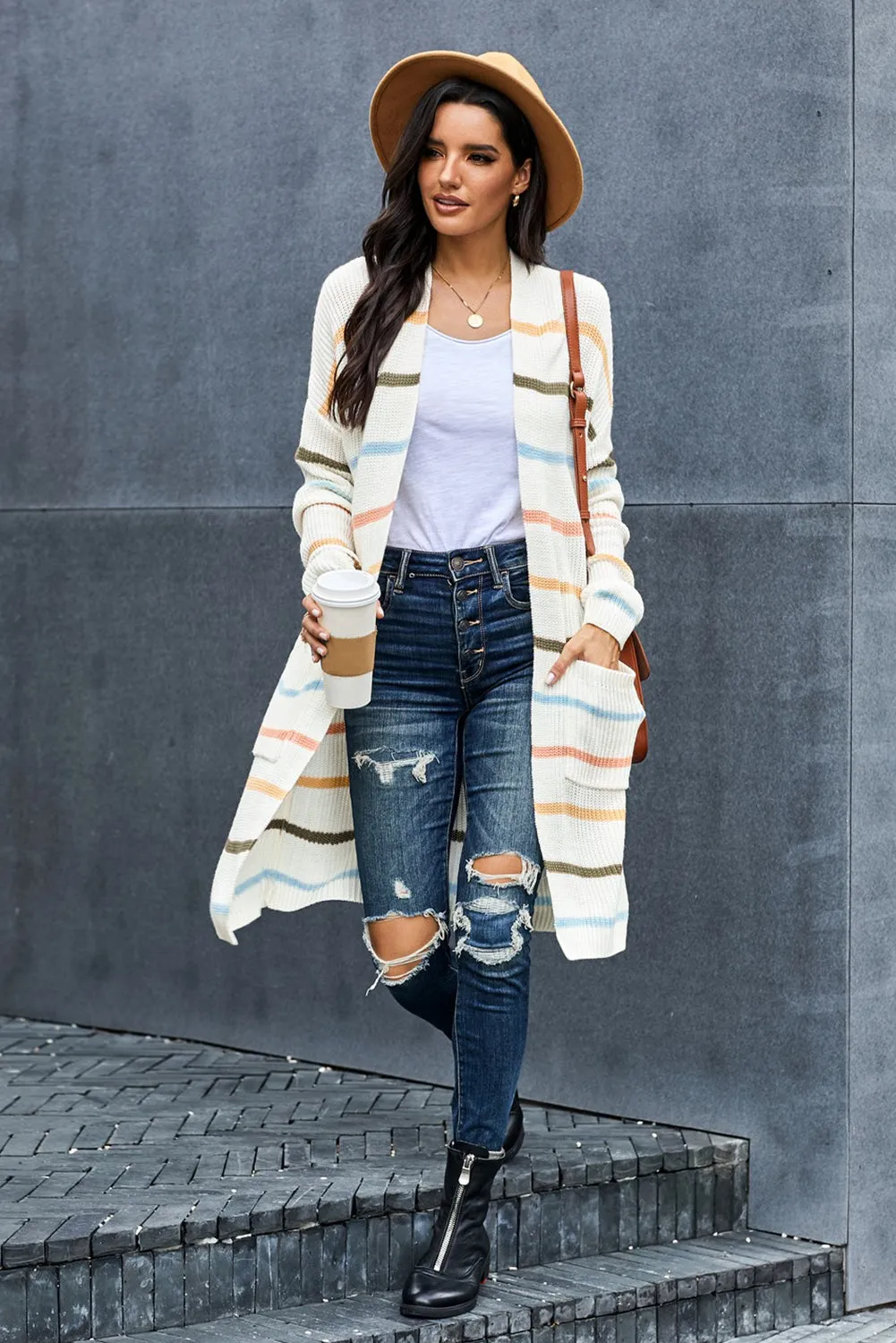 Women's Casual Striped Open Front Cardigans Rainbow Striped Sweater Outwear