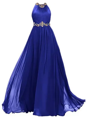 Womens Chiffon Beaded Prom Dress Jewel Long Evening Dress A Line Prom Gown With Gold Belt
