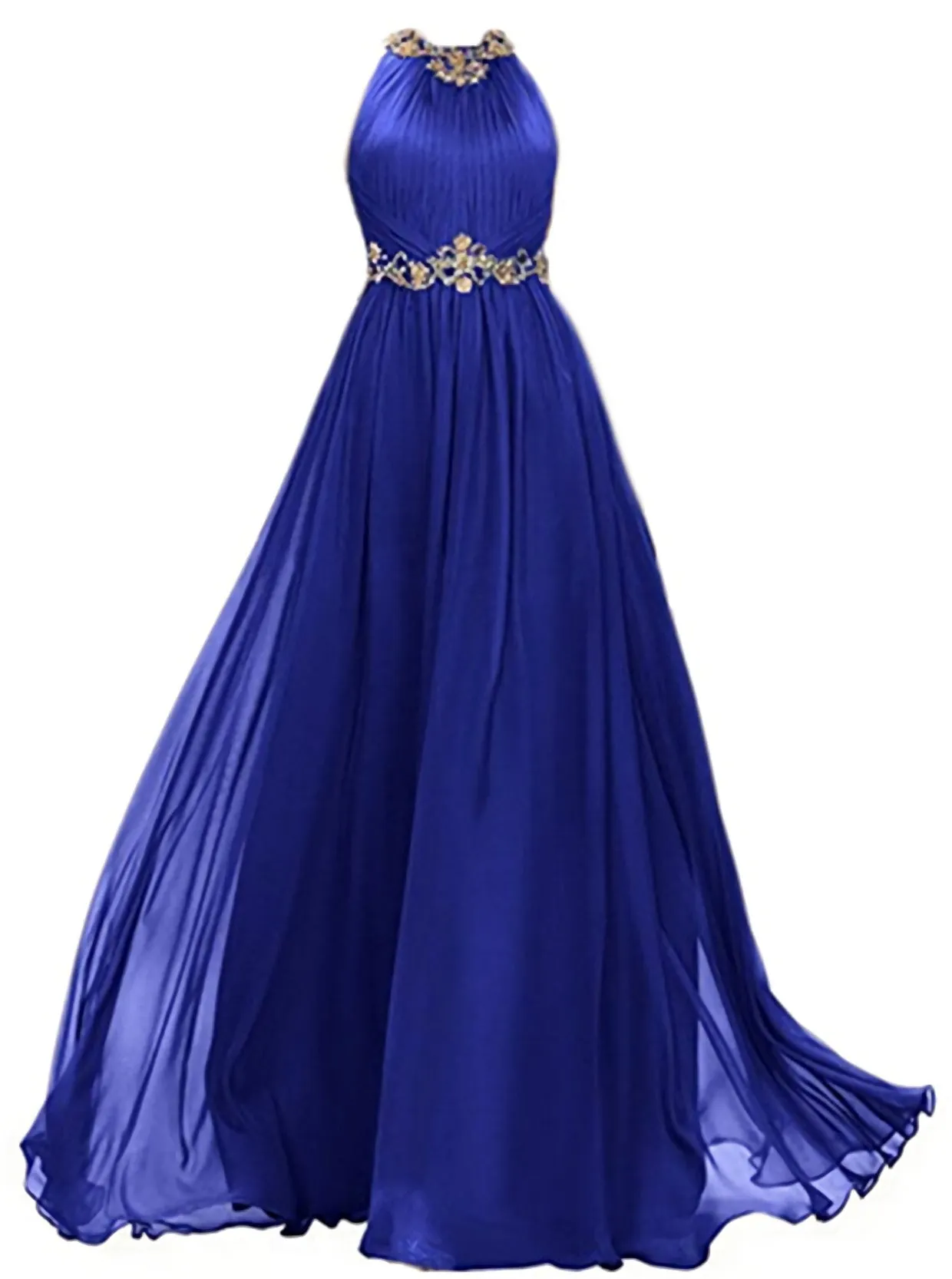 Womens Chiffon Beaded Prom Dress Jewel Long Evening Dress A Line Prom Gown With Gold Belt