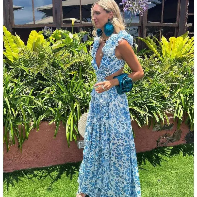 Women's Floral Pattern Ruffled Deep V-Neck Backless Dress