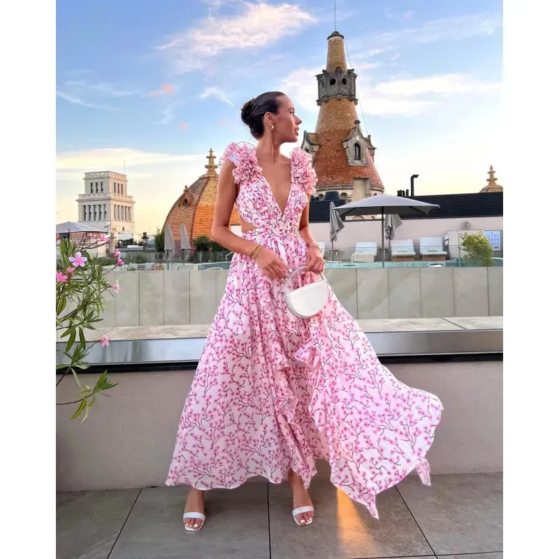 Women's Floral Pattern Ruffled Deep V-Neck Backless Dress
