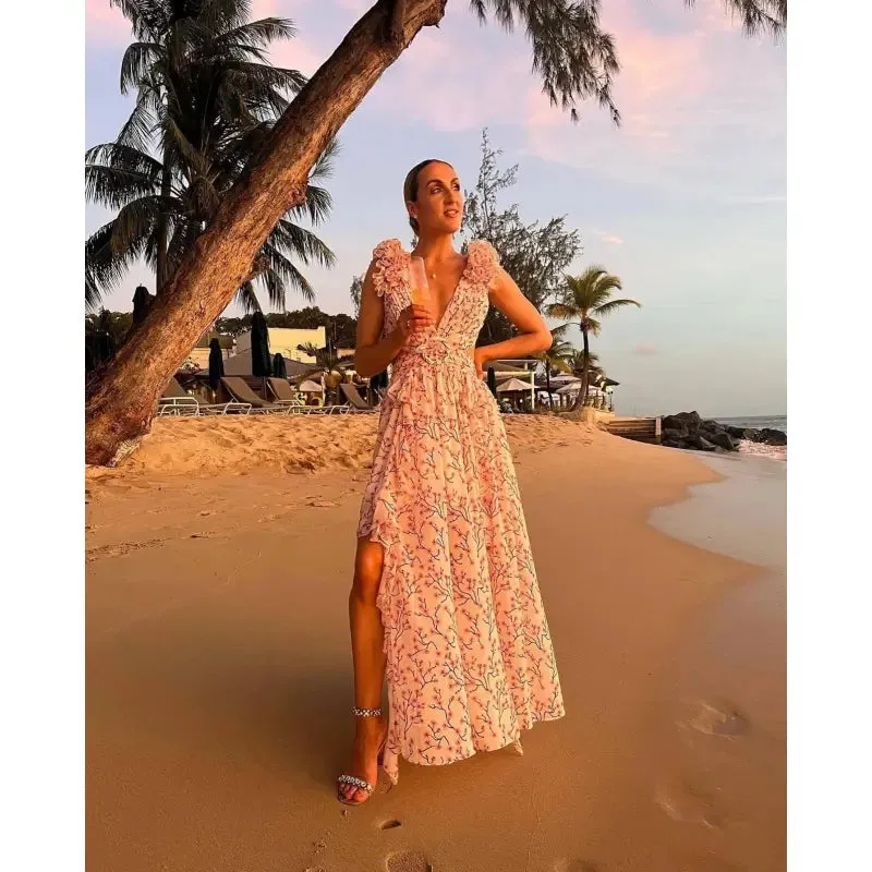 Women's Floral Pattern Ruffled Deep V-Neck Backless Dress