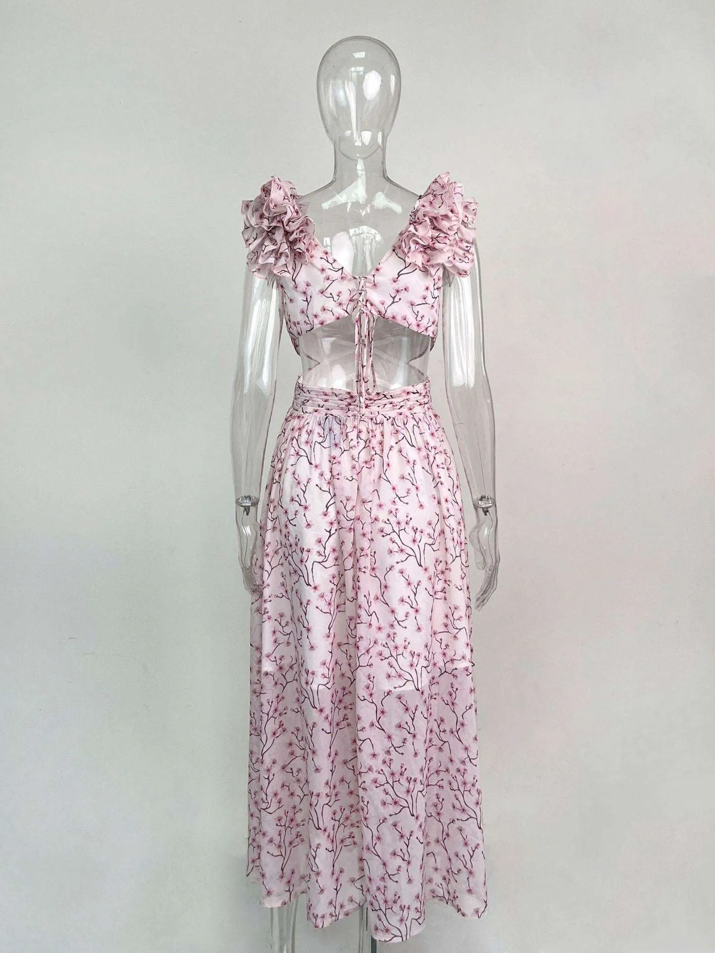 Women's Floral Pattern Ruffled Deep V-Neck Backless Dress