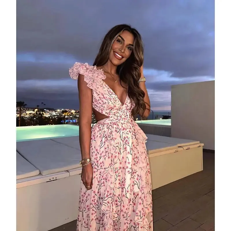 Women's Floral Pattern Ruffled Deep V-Neck Backless Dress