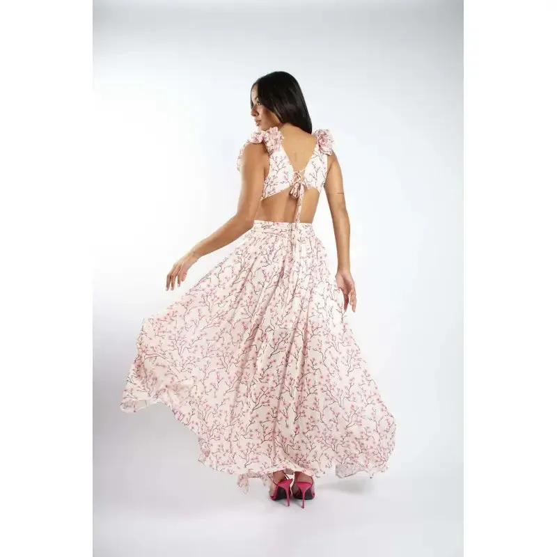 Women's Floral Pattern Ruffled Deep V-Neck Backless Dress