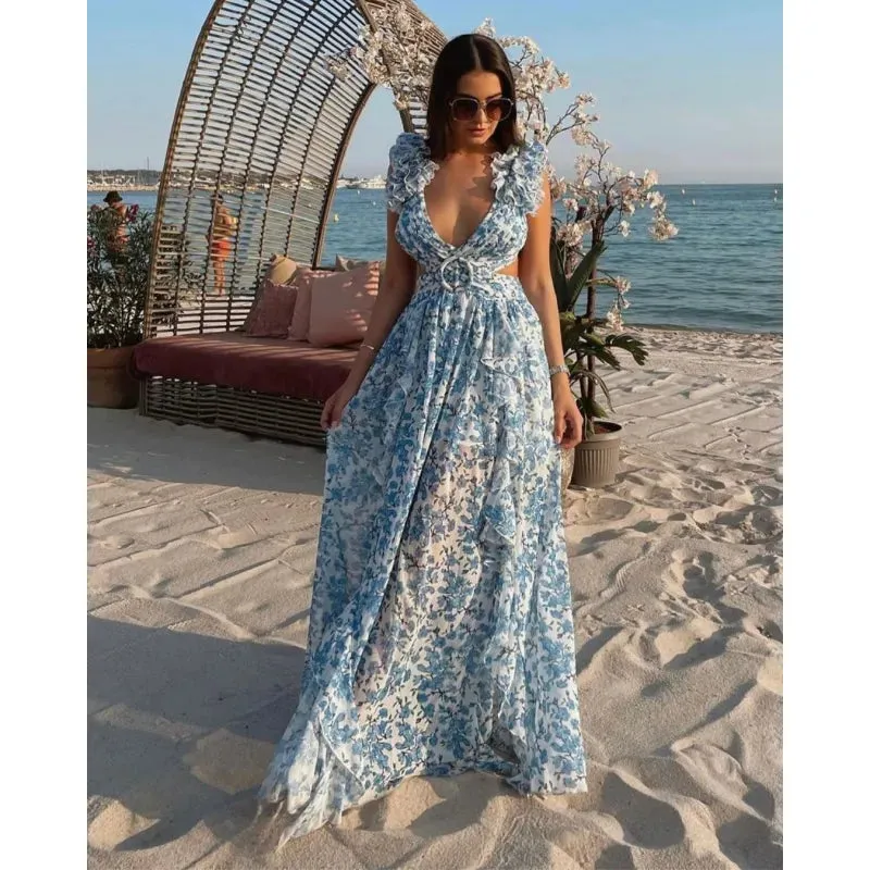 Women's Floral Pattern Ruffled Deep V-Neck Backless Dress