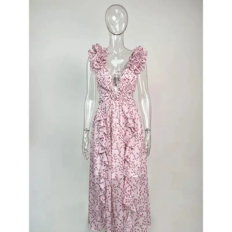 Women's Floral Pattern Ruffled Deep V-Neck Backless Dress