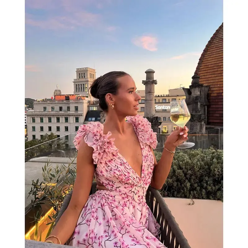 Women's Floral Pattern Ruffled Deep V-Neck Backless Dress
