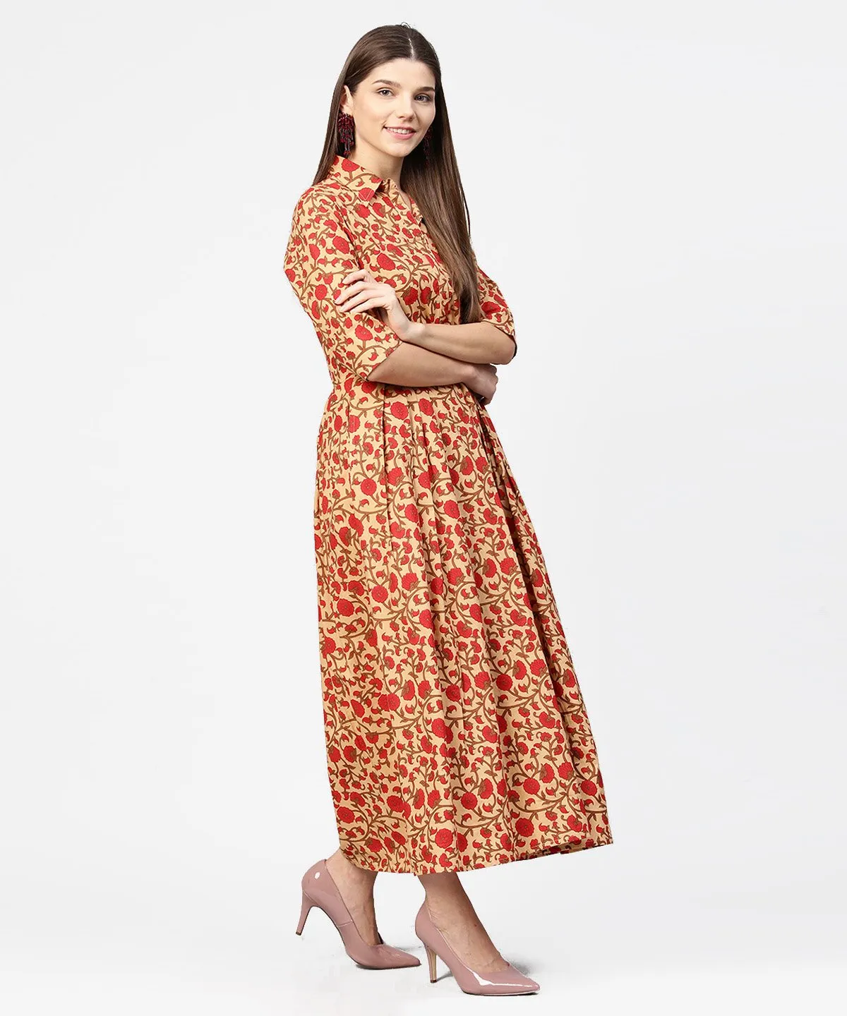 Yellow & Red Printed Half Sleeve Cotton Maxi Dress