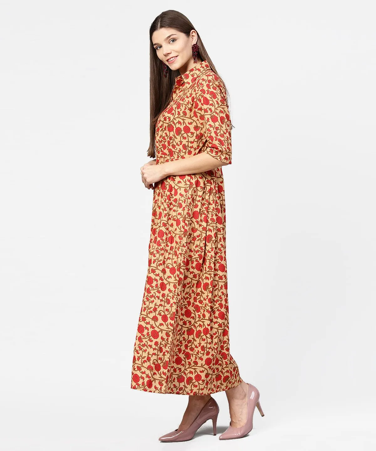 Yellow & Red Printed Half Sleeve Cotton Maxi Dress