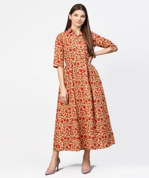 Yellow & Red Printed Half Sleeve Cotton Maxi Dress