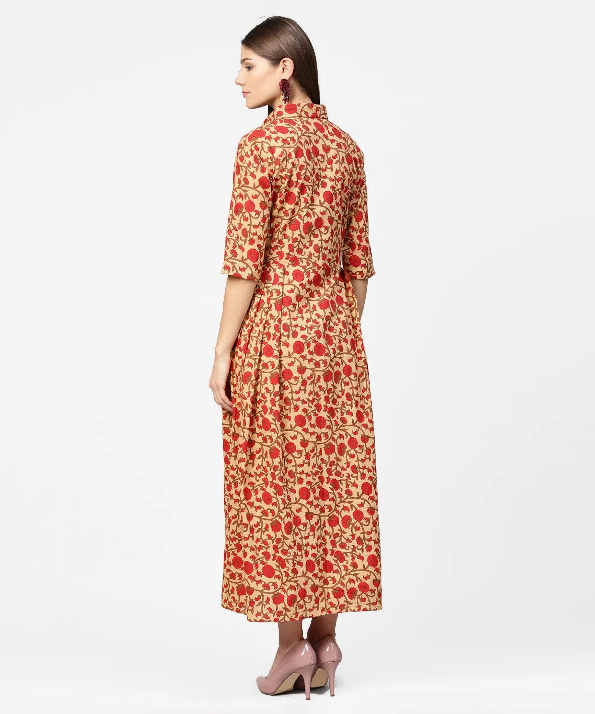 Yellow & Red Printed Half Sleeve Cotton Maxi Dress