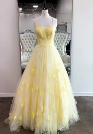 Yellow Spaghetti Strap Long Prom Dresses A-Line Evening Dresses